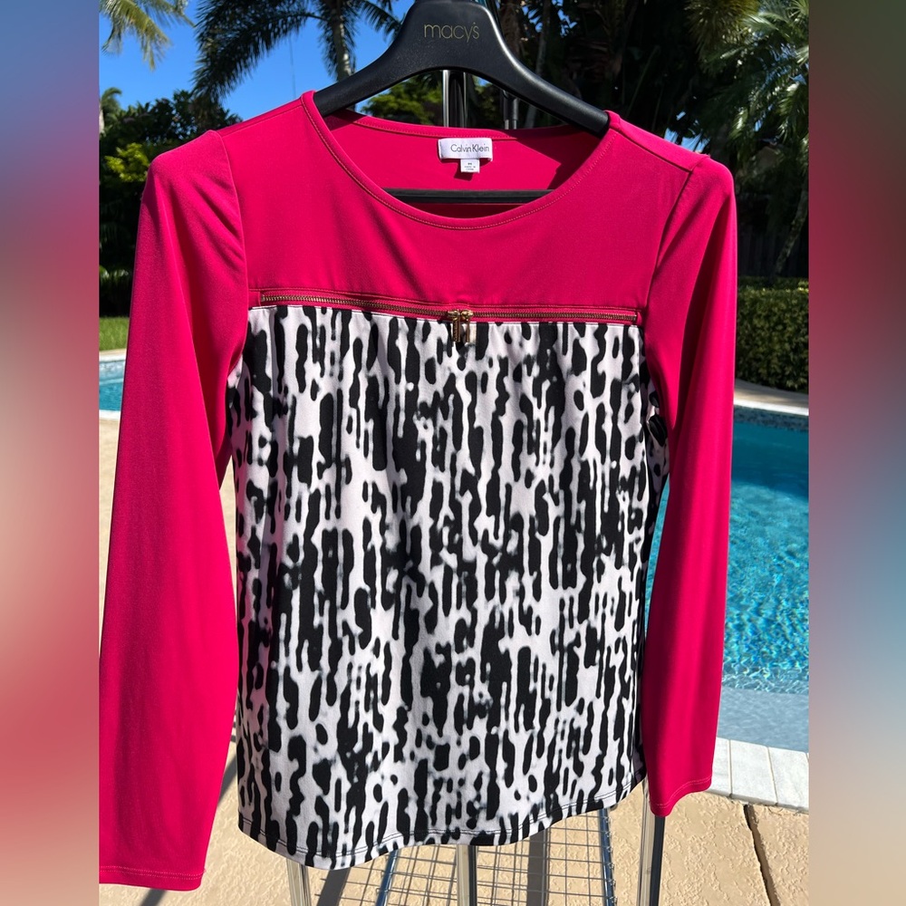 Calvin Klein Colorblock Animal Print Top – Size M – Hot Pink & Black White